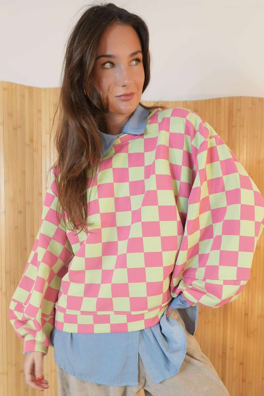 Check Mate Lantern Sleeve Sweat Spearmint Raspberry -